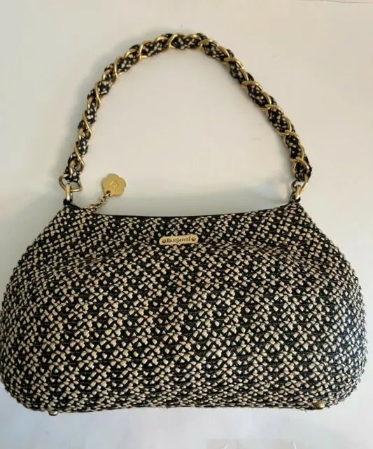 Black Tan Squishee Straw ERIC JAVITS PURSE BAG Chain Strap Medium Size MINT $275