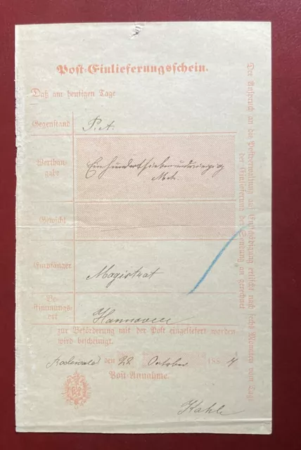 Deutsches Reich 1887 Postschein Post Einlieferungs - Schein Rodewald n. Hannover