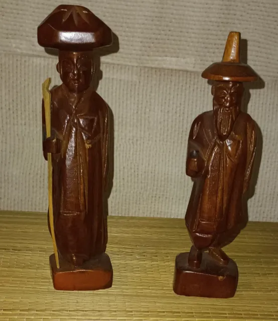 2 Vintage Hand Carved Wood Chinese Wise Old Man Statue Figurines
