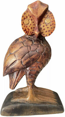 MCM Hand Carved Wooden Owl Folk Art Wood Bird Rustic Statue Vintage 9” Tall