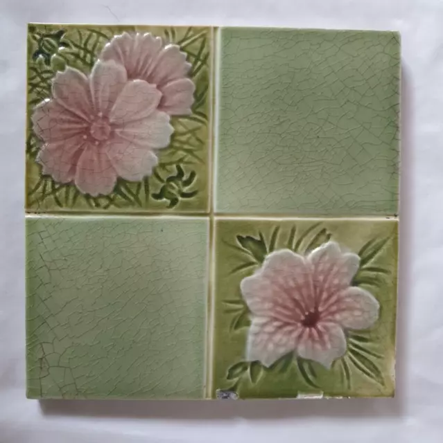 Gorgeous Floral 6 Inch Majolica Tile Antique English Art Nouveau Period