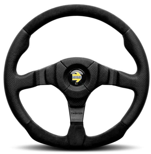 Genuine Momo Dark Fighter 350mm black leather and alcantara steering wheel.