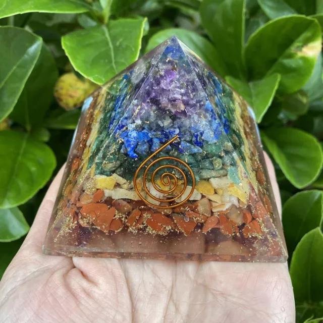 Large Orgonite Pyramid with Quartz Generator "Chakra Crystals" Hand Made