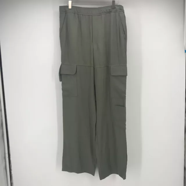 Zara Pant Womens Large Green Pull On Elastic Waist Cargo Pocket Chambray NEW