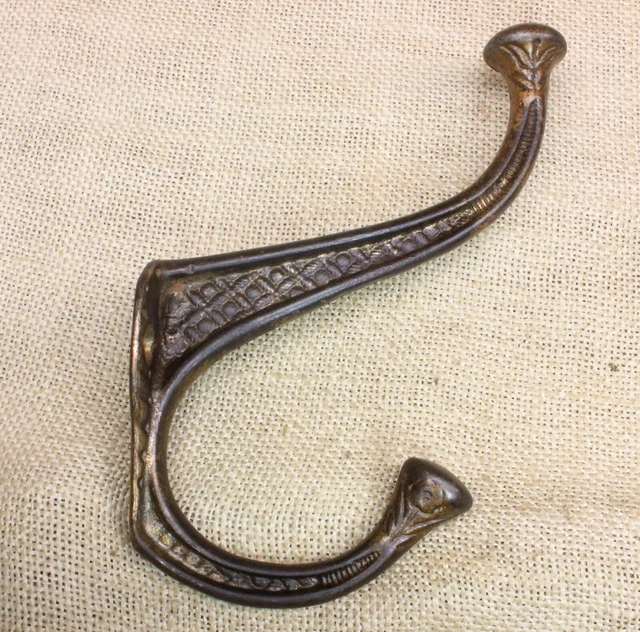 Large Old Coat Hook Bath Robe Clothes Tree Vintage Rustic Cast Iron Brass Wicker
