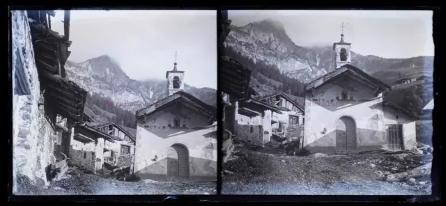 France or Switzerland Village Mountain Photo NEGATIVE Stereo Glass Plate Vintage 