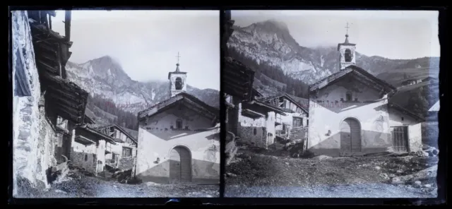 France ou Suisse Village Montagne Photo NEGATIVE Plaque de verre Stereo Vintage 