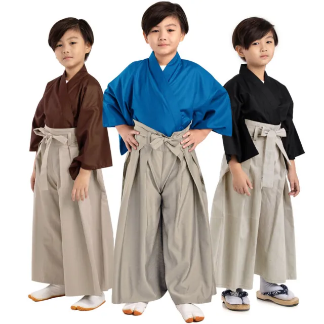Japan Samurai Boys Yukata Kimono Kendo Gi Hakama Pants Halloween Cosplay Costume