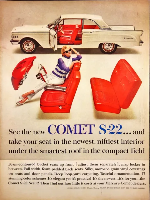 1961 Mercury Comet S-22 Automobile Print Ad Woman in Sunglasses White Car