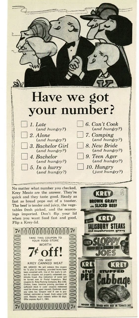 1965 KREY Canned Meats Salisbury Steak Sloppy Joes art Vintage Print Ad