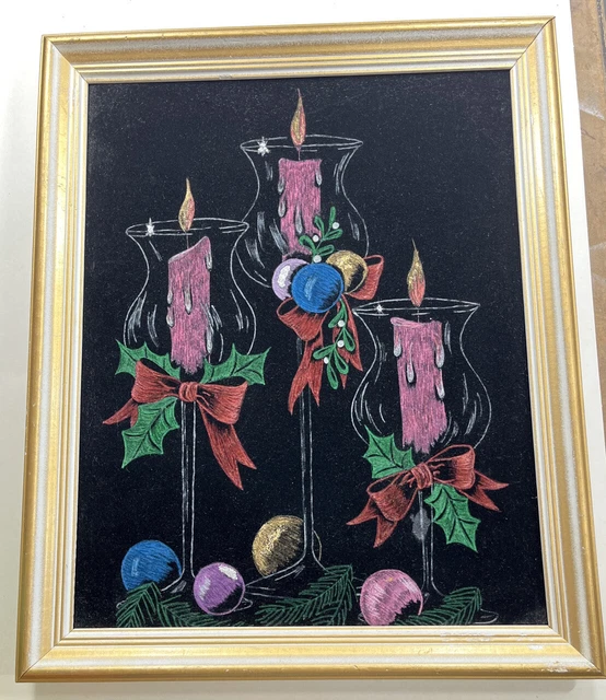 VTG 1960 BLACK Velvet Oil Painting Christmas Mid Century Tree Ornaments