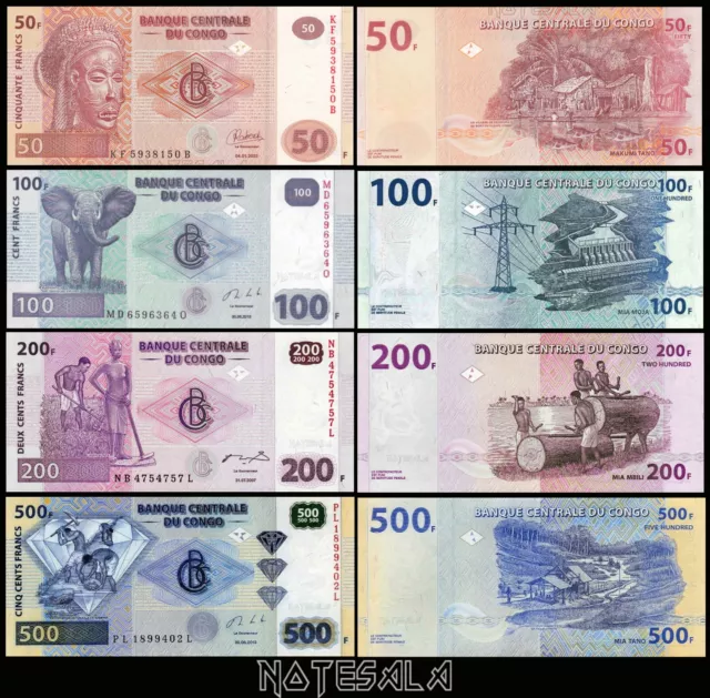 Congo Democratic Republic Set 4 Pcs 50, 100, 200 & 500 Francs 2007-2022 Unc