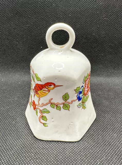 Vintage White Porcelain Multicolor Floral Bell w/ Red Bird 3.75"