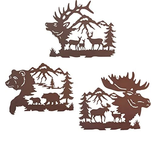 NewVees Large 14 inch Deer Bear Moose Rustic Cabin Wall Art Decor Brown, Hunt...