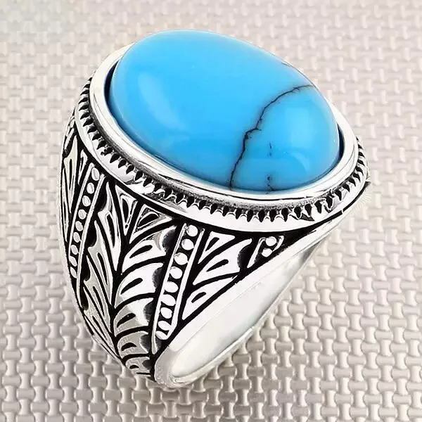 Naturel Turquoise Forme Ovale Pierre 925 Argent Massif Handmade Bague Pour Homme