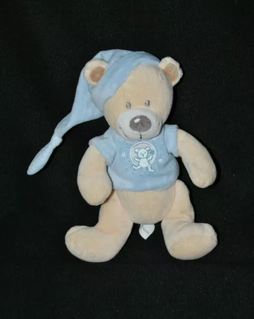 Peluche doudou ours NICOTOY beige pull bleu étoiles bonnet 22 cm NEUF