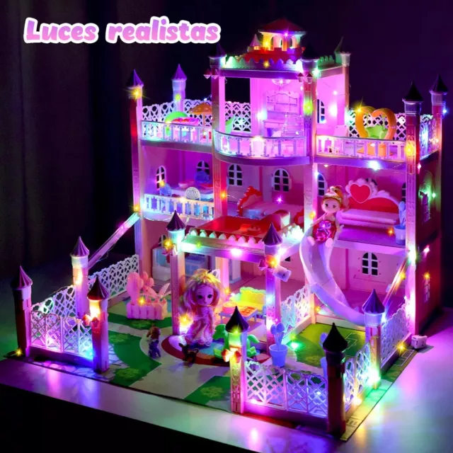 10 Rooms Huge Dollhouse Doll House Colorful Light + 2 Dolls Gifts for Girls