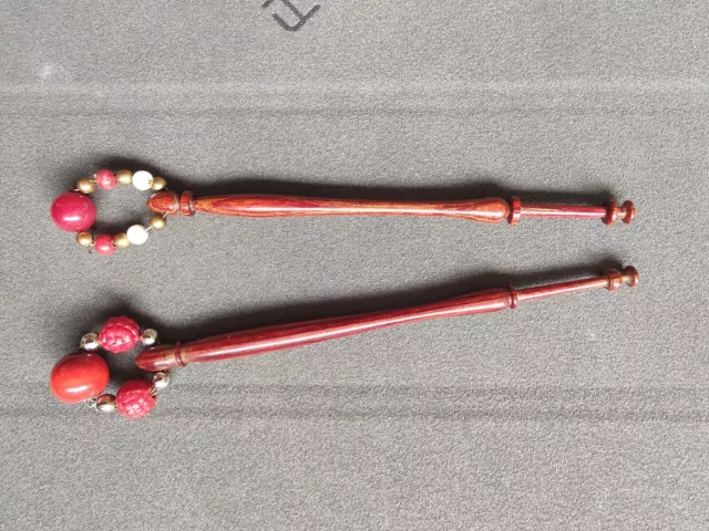 2 Delicate Turned Wood Lace Bobbins with Spangles