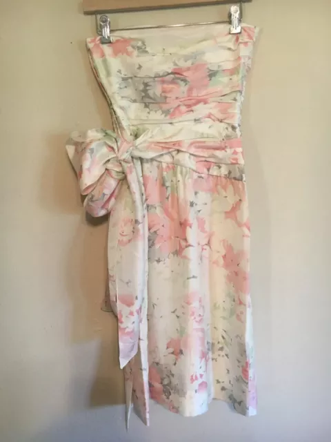 Vintage Albert Nipon 100% Silk Strapless Dress Pink/Gray/Ivory Pastel Tie Sash 4