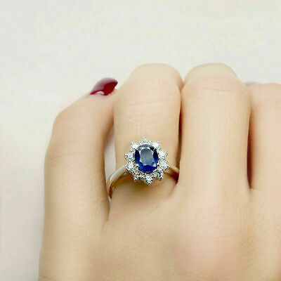 14K White Gold Over  2.90Ct Oval Blue Sapphire/Diamonds Halo Lab Created Ring