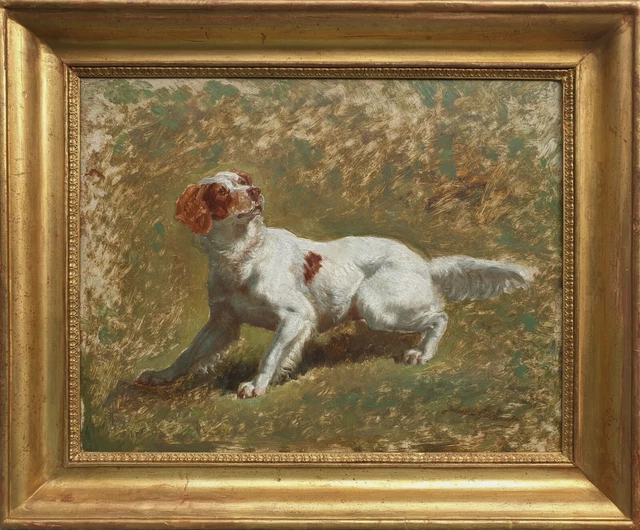 Painting Dog Hunting Portrait Spaniel Breton Etude Panel 19th