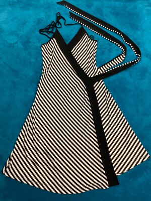 Y2K Unit USA Black White Diagonally Striped Side Wrap Tie Belted Halter Dress
