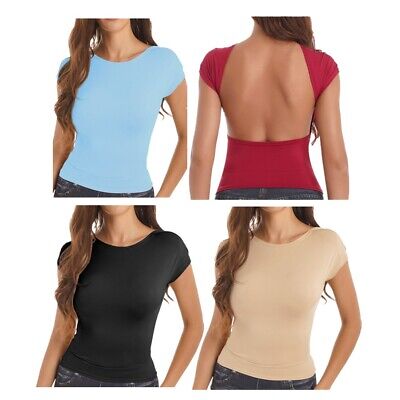 Womens Backless Crop Top Y2K Short Sleeve Crewneck Slim Cutout T-shirt Summer