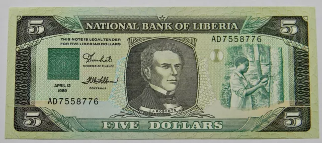 LIBERIA: 5 Dollars 1989 "J. J. ROBERTS", kassenfrisch/unc.