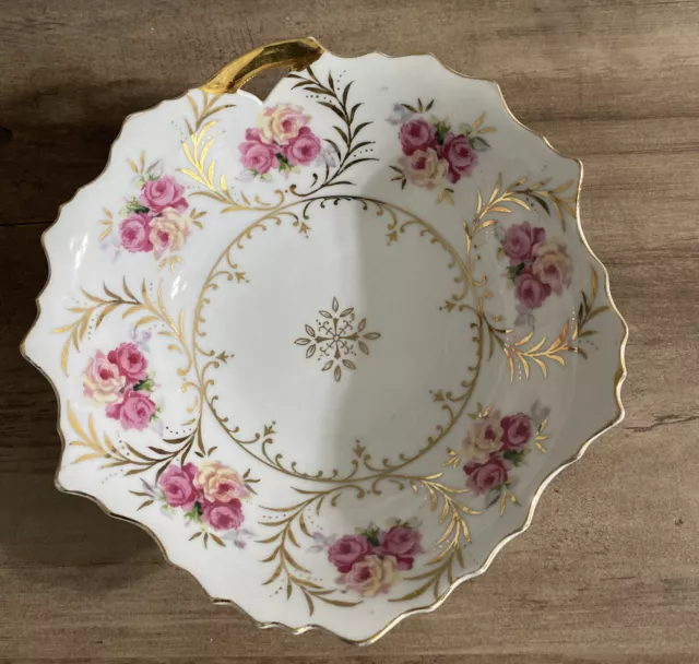 Lefton Hand Painted Porcelain Leaf shaped bowl KF 3154 Pink roses with gold