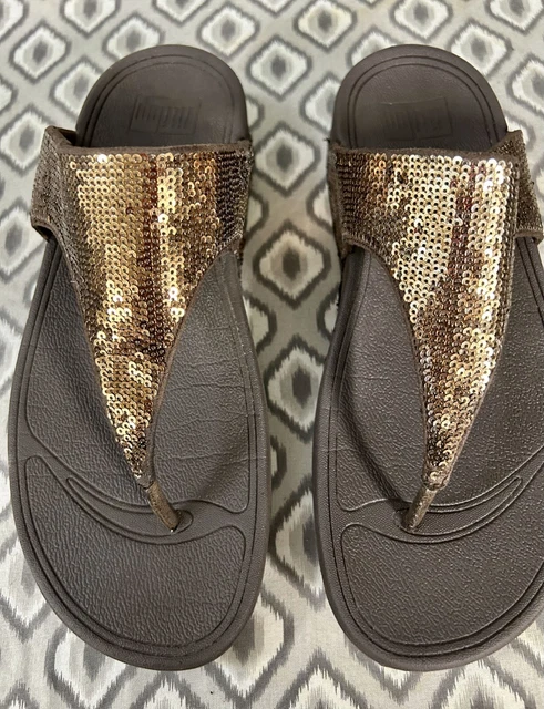 Fitflop Thong Electra Sandal Slip On Wedge Heel Brown Sequin FlipFlop Size 10 US