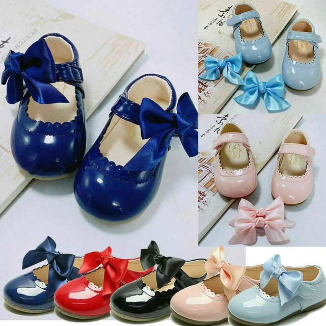 SPANISH BOW SHOES BABY GIRLS MARY JANE SHINY WEDDING PARTY PATENT FLAT SHOES zs