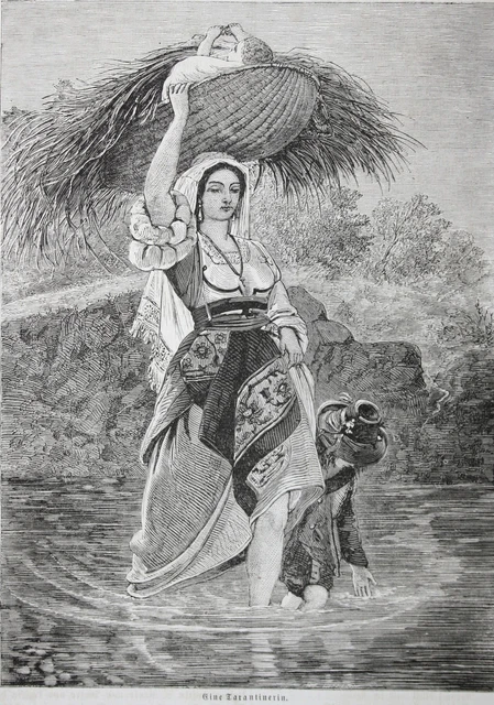 Tarantinerin Tarant Tracht Costume Italia Intaglio IN Legno Xilografia 1860