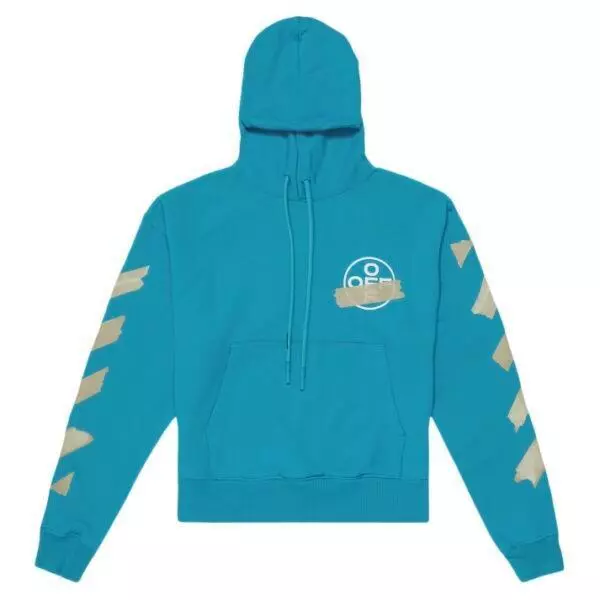 Off-White Teal Mens Hoodie Sweatshirt with Tape Arrows Graphic Size L