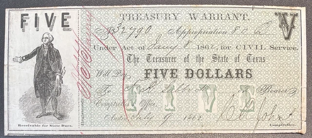 5 Dollars - Treasury Warrant State of TEXAS - Obsolete Currency Note #59194