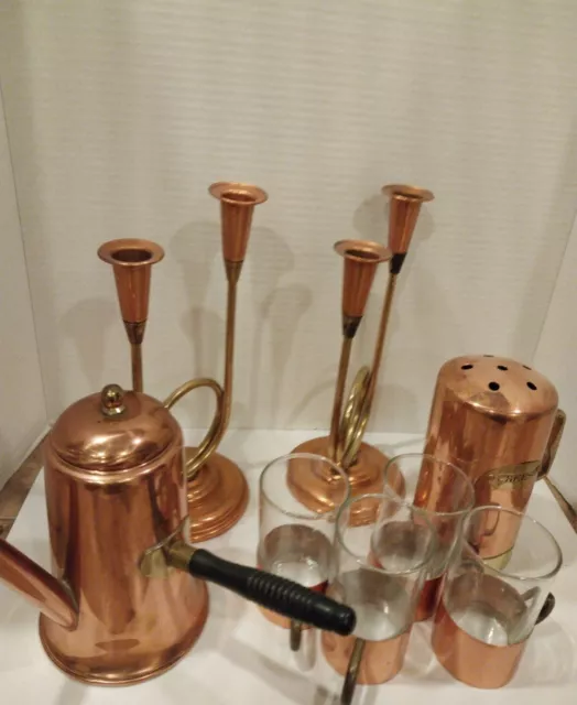 13 Piece Lot Of Copper and Brass Candlestick Holders Cups Shaker