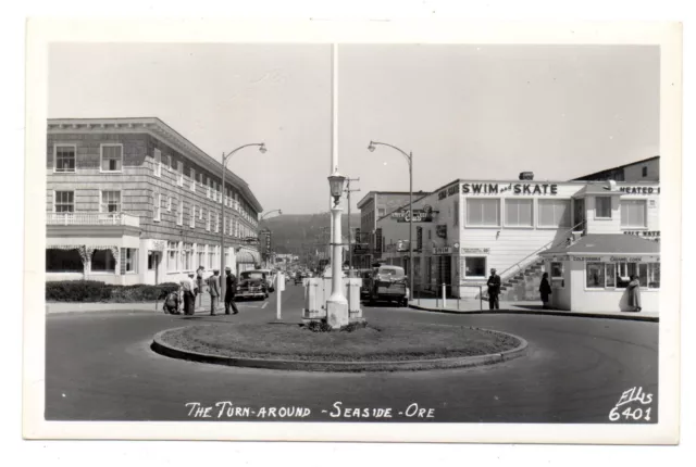 RPPC photo postcard TURN-AROUND, SEASIDE, OREGON 1940s Swim & Skate, hotel signs