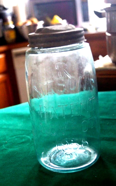 Antique BALL "MASON'S PATENT NOV 30TH 1858"  Fruit Jar Large Letters Aqua Tint
