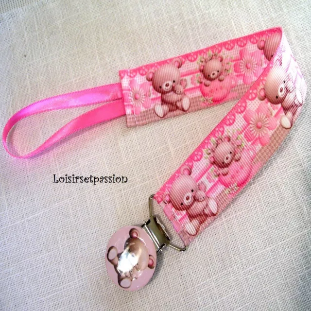 ATTACHE TÉTINE, SUCETTE, Ourson tasse, Fleurs, Rose, Cadeau naissance Fille AT24