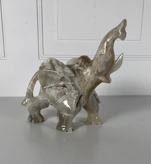 Vintage Carved Agate Marble Stone Elephant Trunk Up Tusks 5.5" Cream Brown