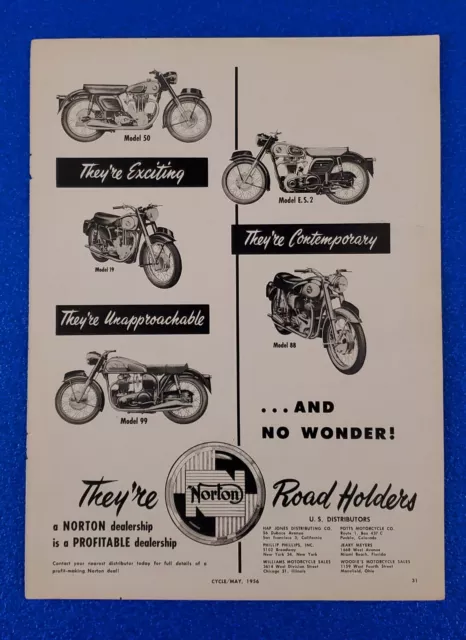 1956 Original Norton Motorcycle Vintage Print Ad Model 50, 19, 99, 88 And E.s.2