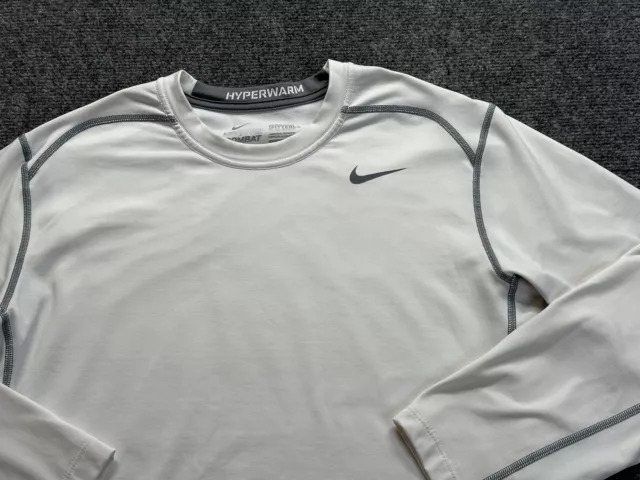 nike pro combat fitted Hyperwarm Shirt Men’s Large White Gray Accent Long Sleeve 3