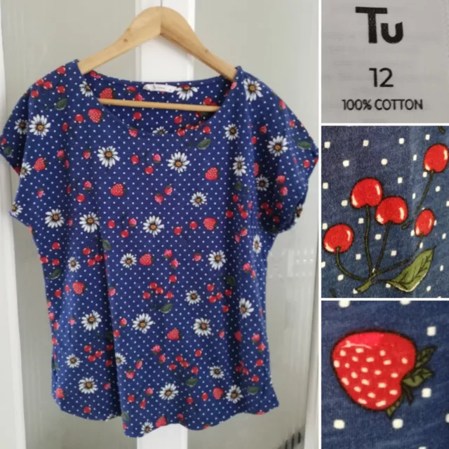 TU Strawberry Print T-Shirt Top UK 12 Cherry Daisy Floral Fruit 100% Cotton