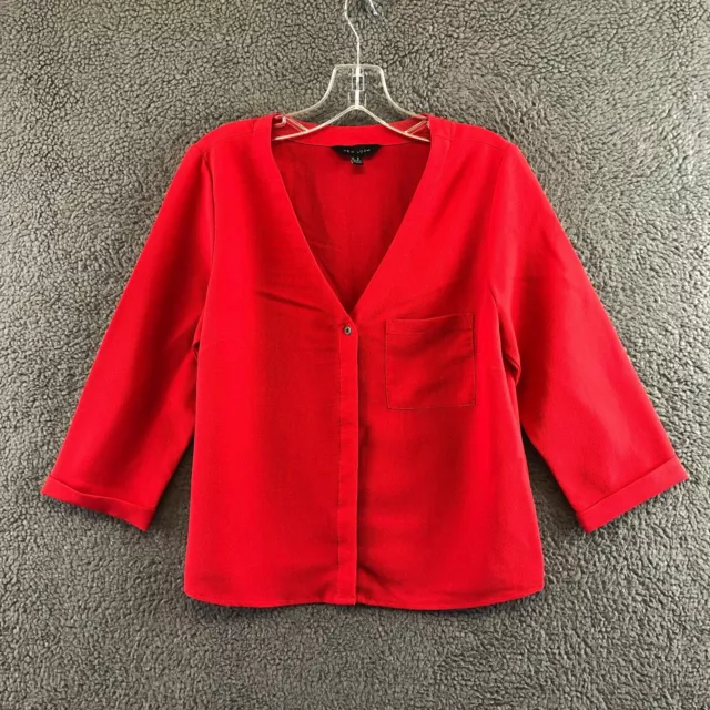 Womens New Look Size UK 10 Red V Neck 3/4 Sleeve Smart Button Up Blouse Top