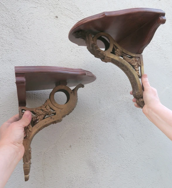 2 Antique French Carved wood Bronze Brass wall bracket shelves curtain rod hooks