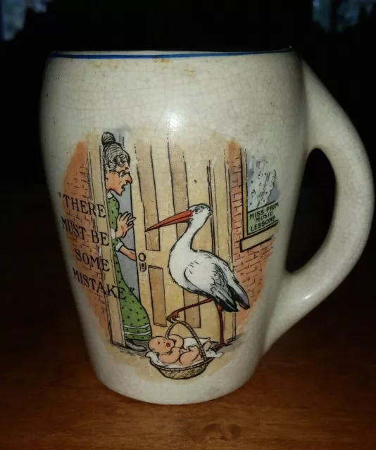 RARE Antique Transferware Mug Tankard Baby Stork pottery humorous MUST SEE!!