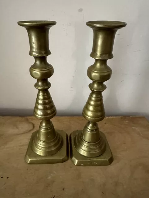 Pair of Antique 19th Century Brass Beehive Candlesticks. 8."