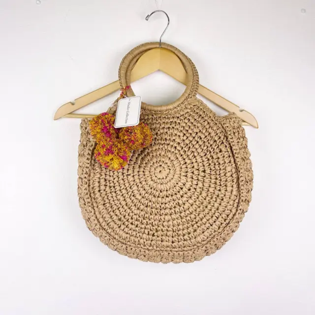 NEW Pom Pom Tassel Straw Bag Studio Collection Top Handle Purse Lined