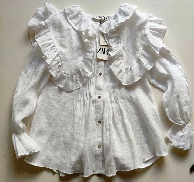 Zara SS21 100% Linen Flounce Blouse Peter Pan Collar Shirt ruffle Small BNWT Zara SS21 100% Linen Flounce Blouse Peter Pan Collar Shirt ruffle Small BNWT
