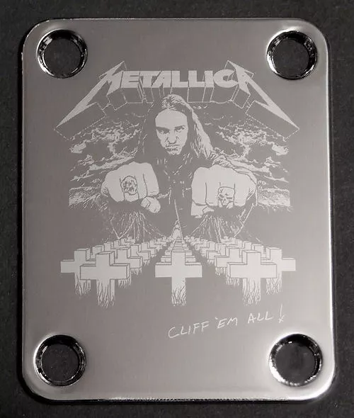 GUITAR NECK PLATE Custom Engraved Etched - METALLICA Bass CLIFF BURTON - Chrome