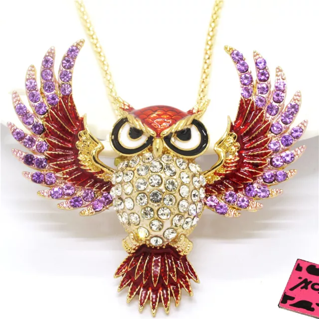 Betsey Johnson Red Purple Enamel Owl Animal Crystal Pendant Women Necklace Gifts